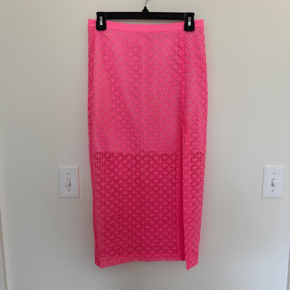Amanda Uprichard Neon Pink Geometric Lace Midi Skirt Small High Waisted Sheer